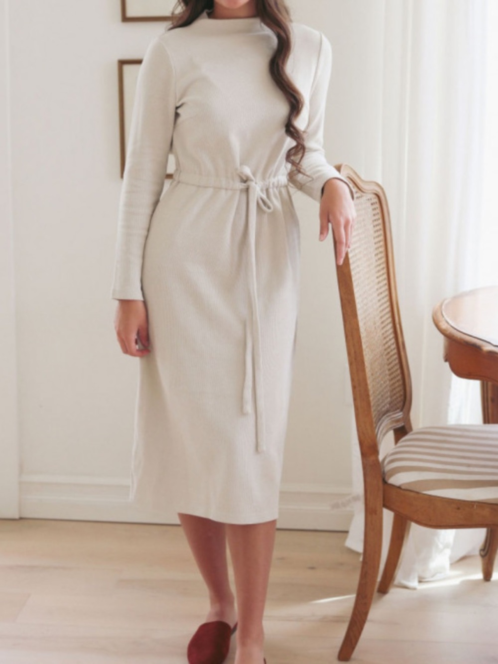 Dainty Jewells Cream Long-Sleeve Tie-Waist Midi Dress